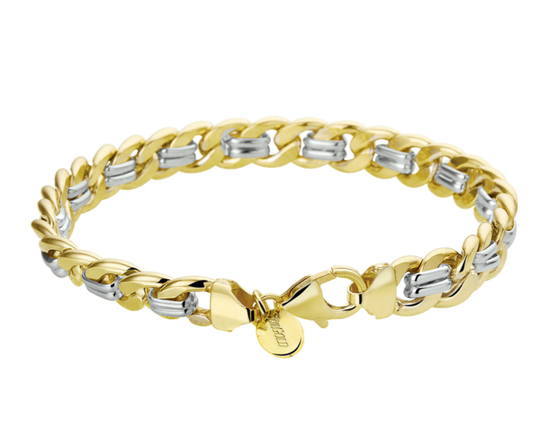 ZilGold 14 karaat goud met daarin een kern van 925 zilver. Bicolor wit- en geelgouden armband met gourmette schakel. 21 cm lang. Schakelbreedte is 8.0mm. Met Karabijnhaak sluiting.